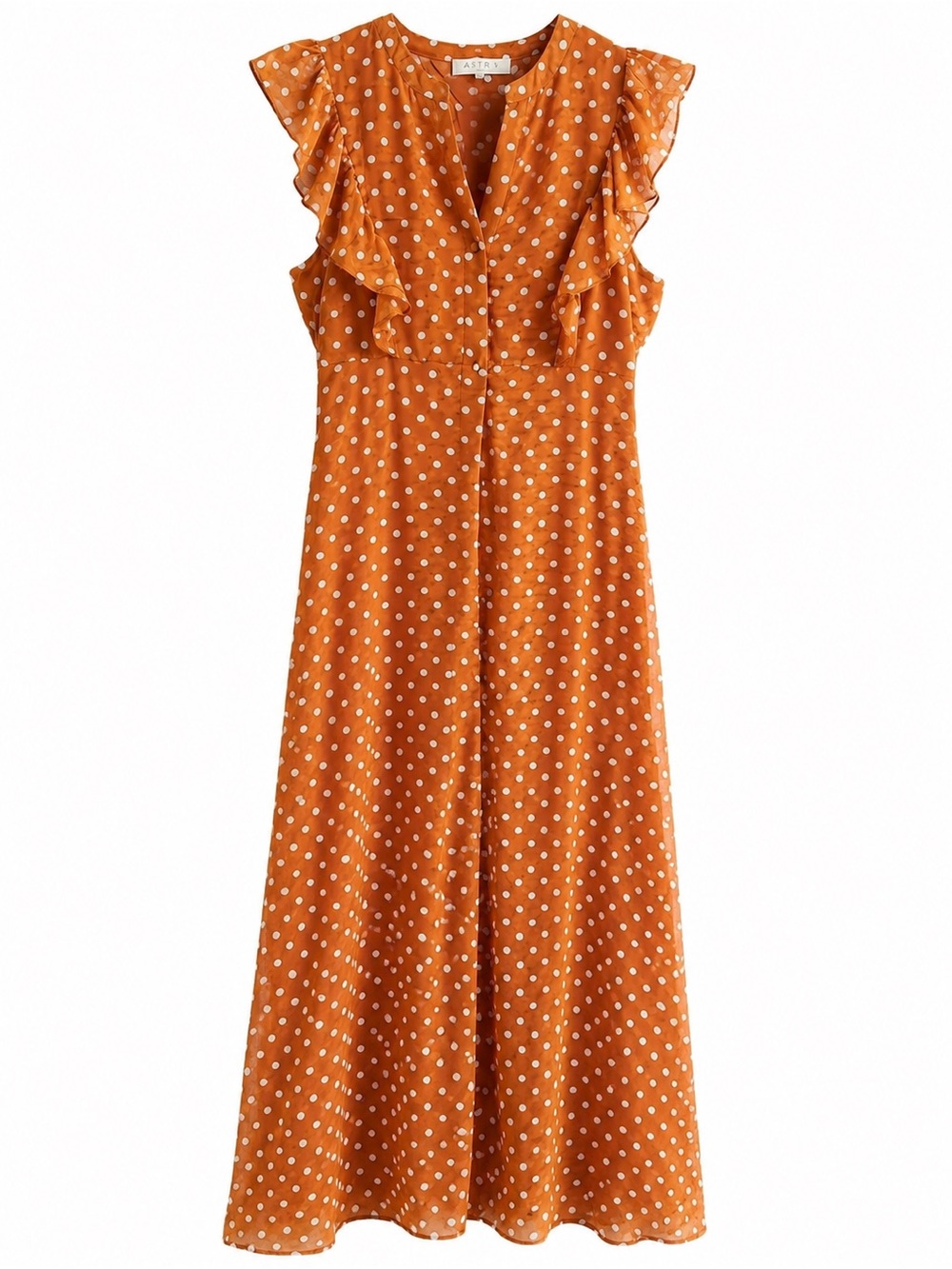 Hayden Rust Orange Polka Dot Ruffle Midi Dress